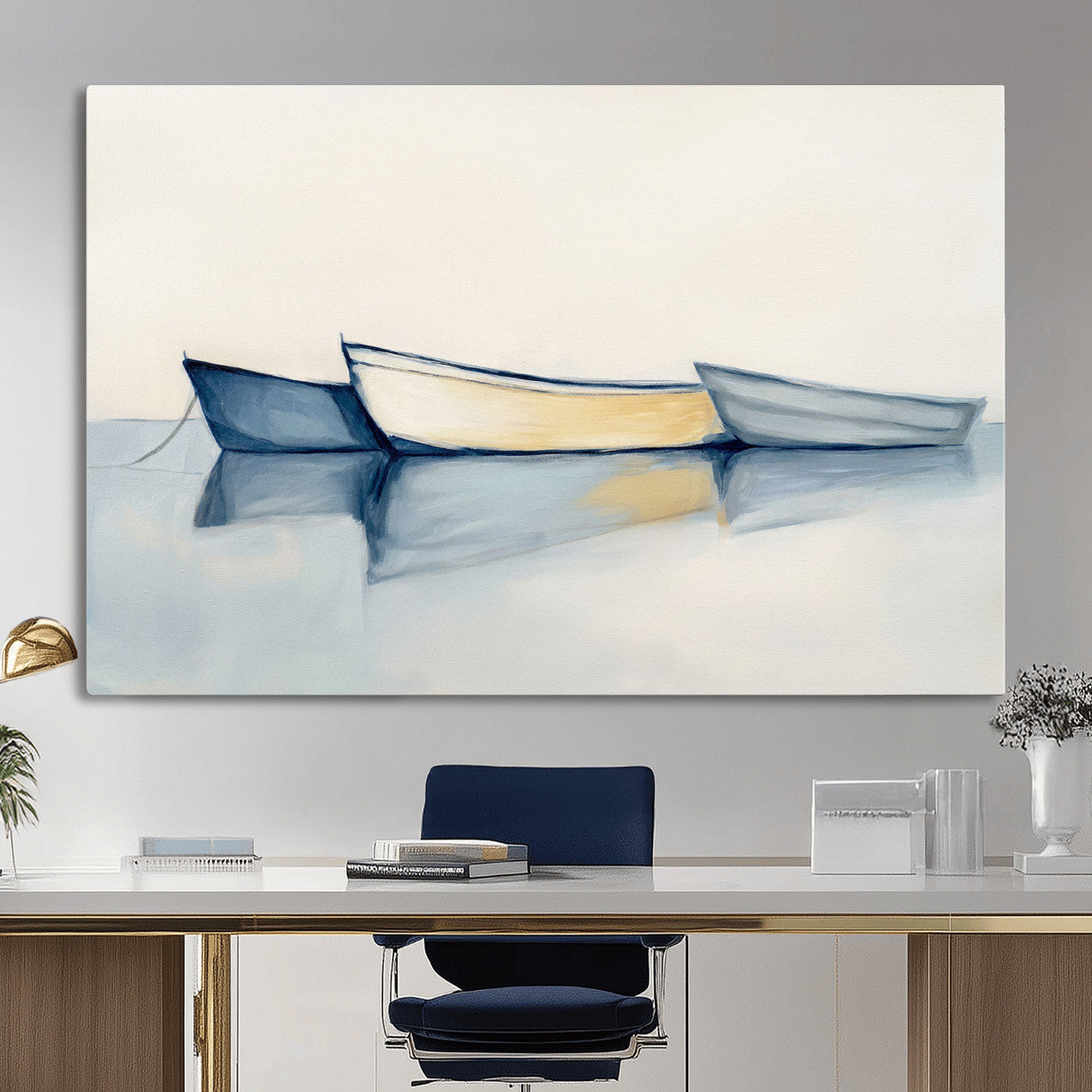 84017361-MGV-CV-36X24 - Abstract Three Boats Reflecting on Water Wall Art Canvas Print - Minimalist Coastal Seascape