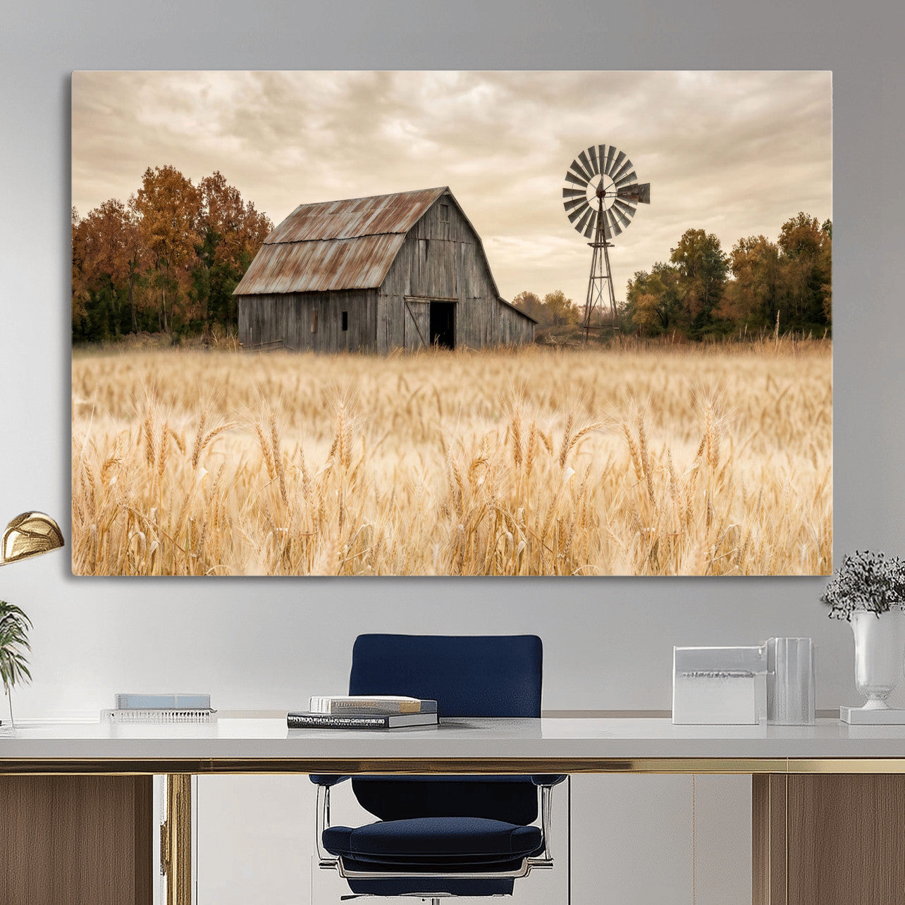 99640659-MGV-CV-36X24 - Rustic Farmhouse Barn and Windmill Wall Art Canvas Print, Country Landscape Photography Print