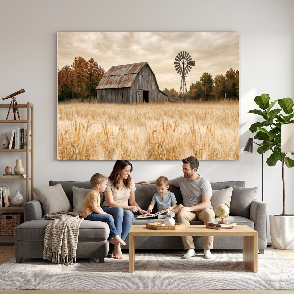 99640659-MGV-CV-36X24 - Rustic Farmhouse Barn and Windmill Wall Art Canvas Print, Country Landscape Photography Print