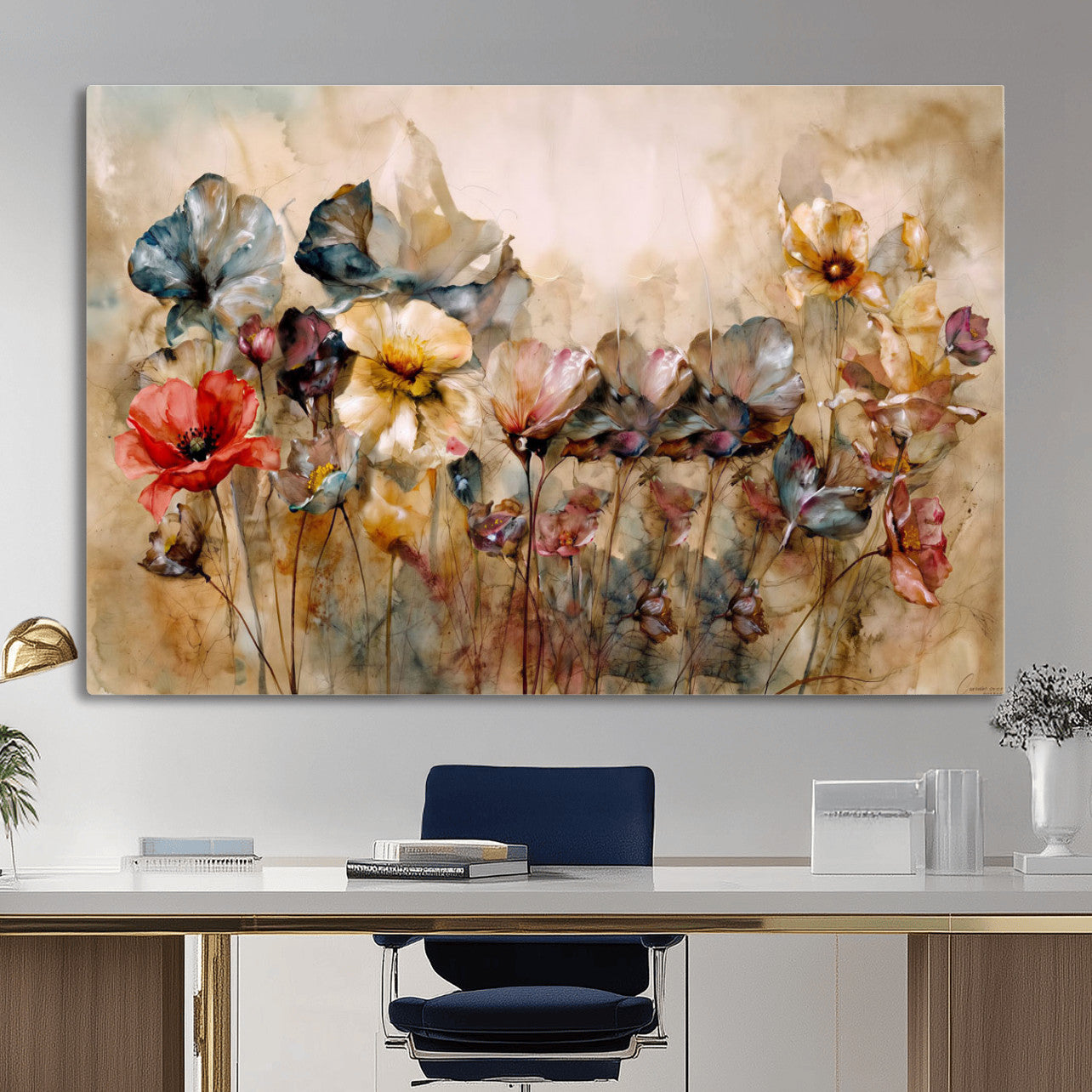 11407233-MGV-CV-36X24 - Vintage Dried Floral Meadow Wall Art Canvas Print, Translucent Watercolor Flowers Painting Print