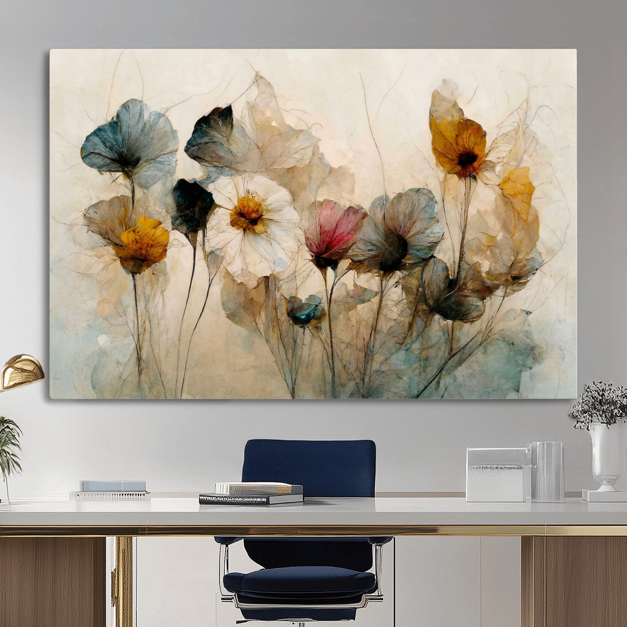 86802229-MGV-CV-36X24 - Vintage Dried Floral Meadow Wall Art Canvas Print, Translucent Watercolor Flowers Painting Print