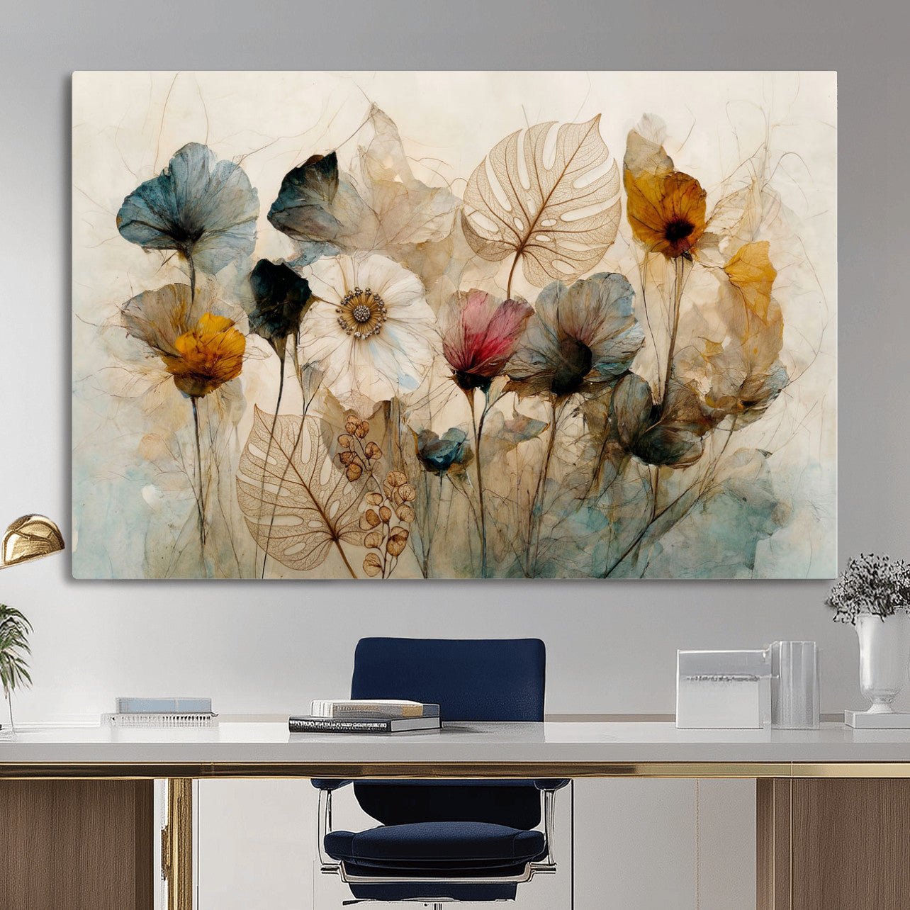 93171612-MGV-CV-36X24 - Vintage Dried Floral Meadow Wall Art Canvas Print, Translucent Watercolor Flowers Painting Print