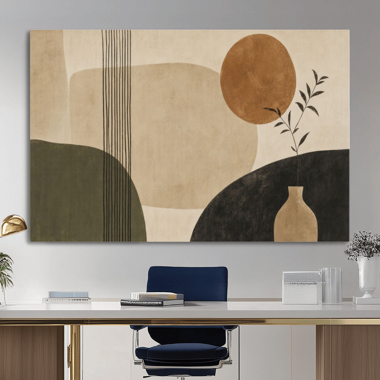 29113684-MGV-CV-36X24 - Japandi Minimalist Abstract Wall Art Canvas Print, Sage Green and Terracotta Sun Botanical Painting Print