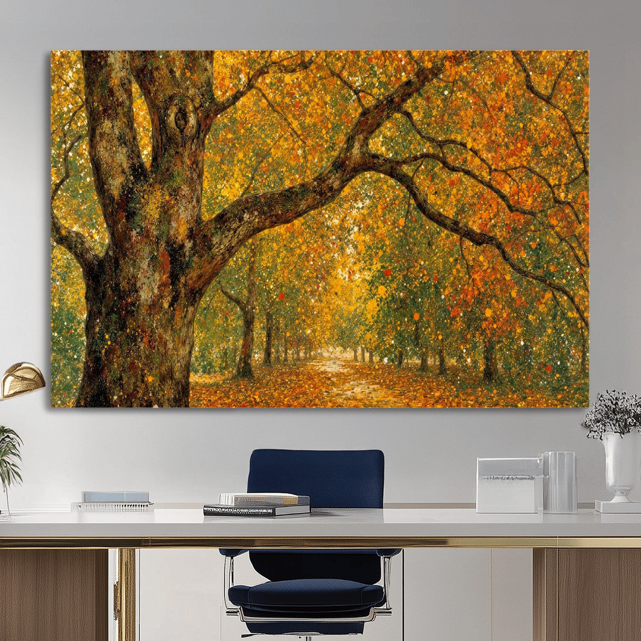 11536138-MGV-CV-36X24 - Vintage Autumn Forest Path Wall Art Canvas Print, Golden Leaves Impressionist Painting Print