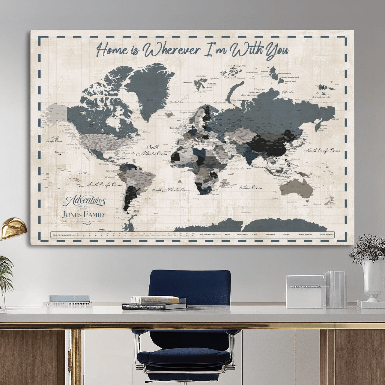 400867164-MGV-CV-36X24 - Framed Blue Custom Push Pin World Map Canvas Print – Personalized Travel Map Wall Art