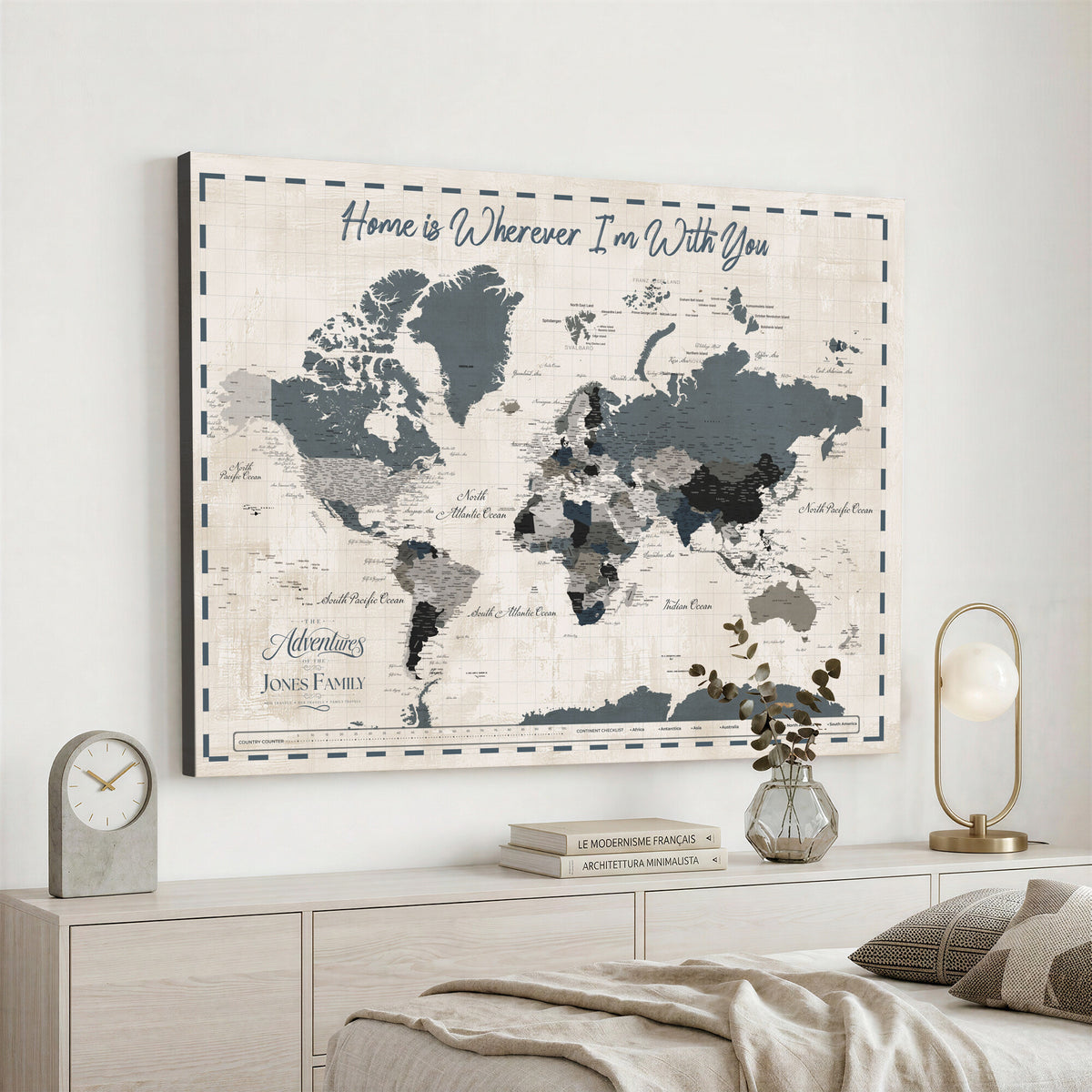 400867164-MGV-CV-36X24 - Framed Blue Custom Push Pin World Map Canvas Print – Personalized Travel Map Wall Art
