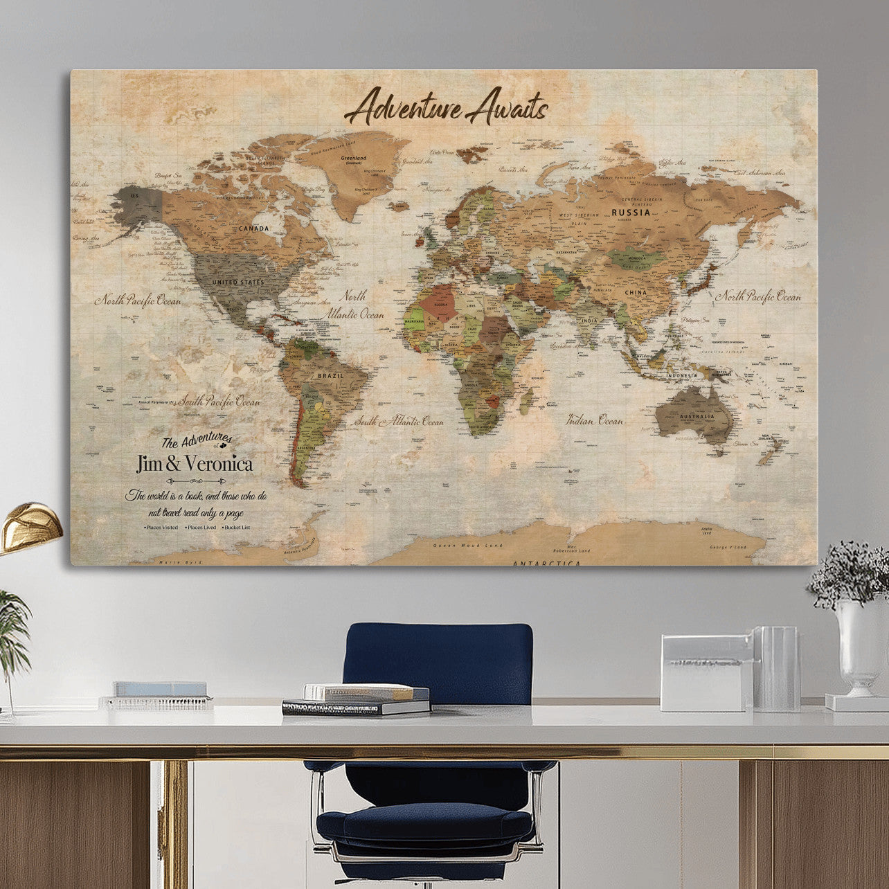 51298056-MGV-CV-36X24 - Custom Push Pin World Map Canvas | Personalized Travel Tracker | Wedding Anniversary Gift for Couples | Adventure Map Wall Art with Pins