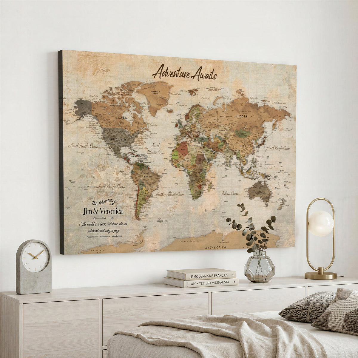 51298056-MGV-CV-36X24 - Custom Push Pin World Map Canvas | Personalized Travel Tracker | Wedding Anniversary Gift for Couples | Adventure Map Wall Art with Pins