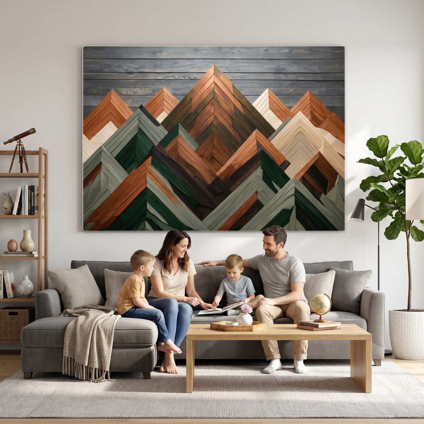84617347-MGV-CV-36X24 - Geometric Wood Mountain Wall Art Canvas Print, 3D Look Rustic Mosaic Landscape Print