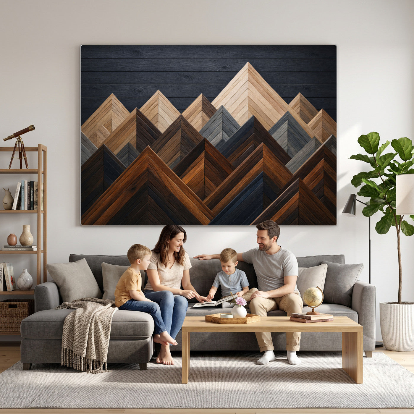 70531117-MGV-CV-36X24 - Geometric Wood Mountain Wall Art Canvas Print, 3D Look Rustic Mosaic Landscape Print