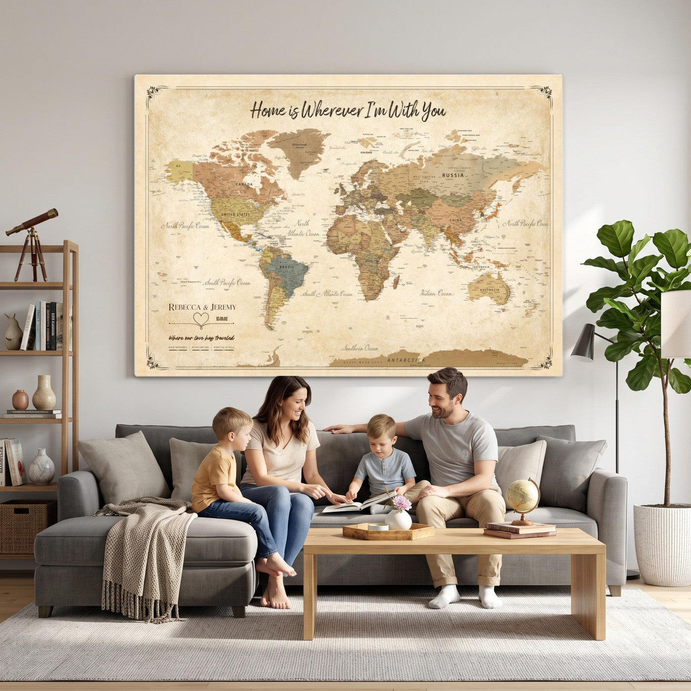 40086165SP-MGV-CV-36X24 - Custom Push Pin Travel Map Canvas Print, Cream Personalized Travel Tracker Map, Anniversary Gift, Vintage World Map Wall Art