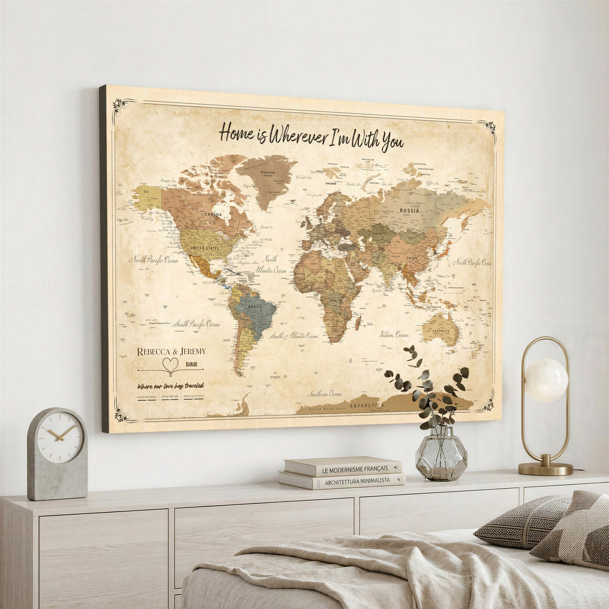 40086165SP-MGV-CV-36X24 - Custom Push Pin Travel Map Canvas Print, Cream Personalized Travel Tracker Map, Anniversary Gift, Vintage World Map Wall Art