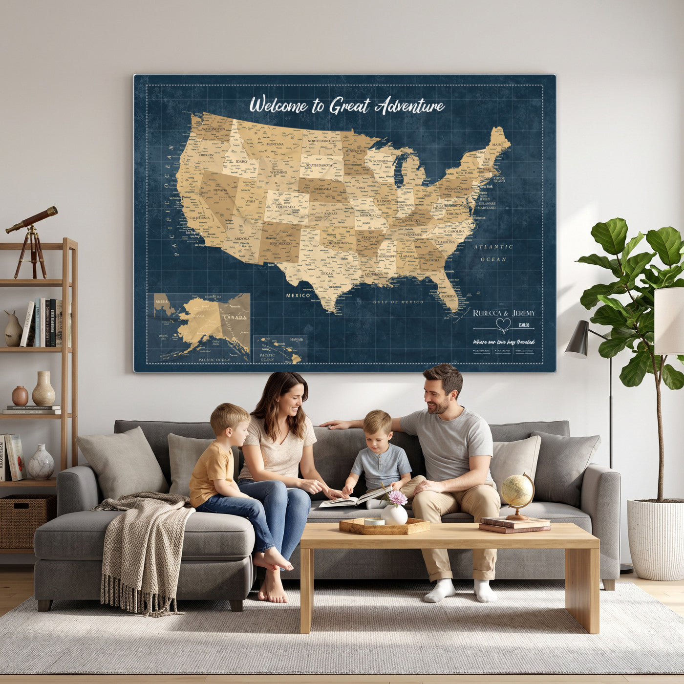 58851035-MGV-CV-36X24 - Custom Push Pin Travel USA Map Canvas Print, Cream Personalized Travel Tracker America Map, Anniversary Traveler Gift