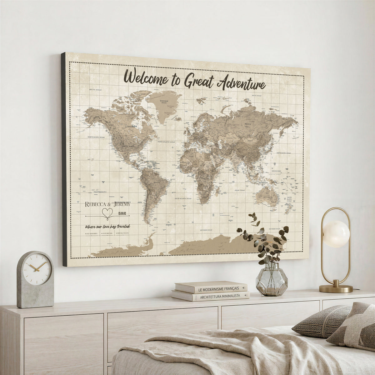 51180020-MGV-CV-36X24 - Custom Push Pin Travel Map Canvas Print, Cream Personalized Travel Tracker Map, Anniversary Gift, Vintage World Map Wall Art