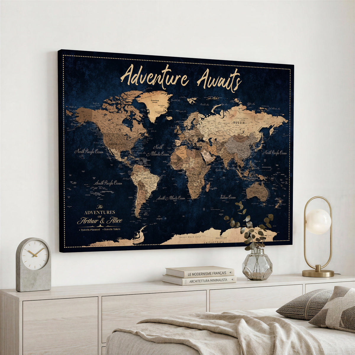 57167164-MGV-CV-36X24 - Custom Push Pin Travel Map Canvas Print, Navy Blue Personalized Travel Tracker Map, Anniversary Gift, Vintage World Map Wall Art