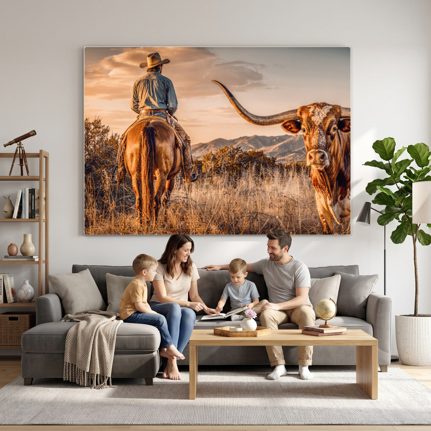 62076449C-MGV-CV-36X24 - Texas Cowboy and Longhorn Bull Print for Western Wall Art Decor for Farmhouse