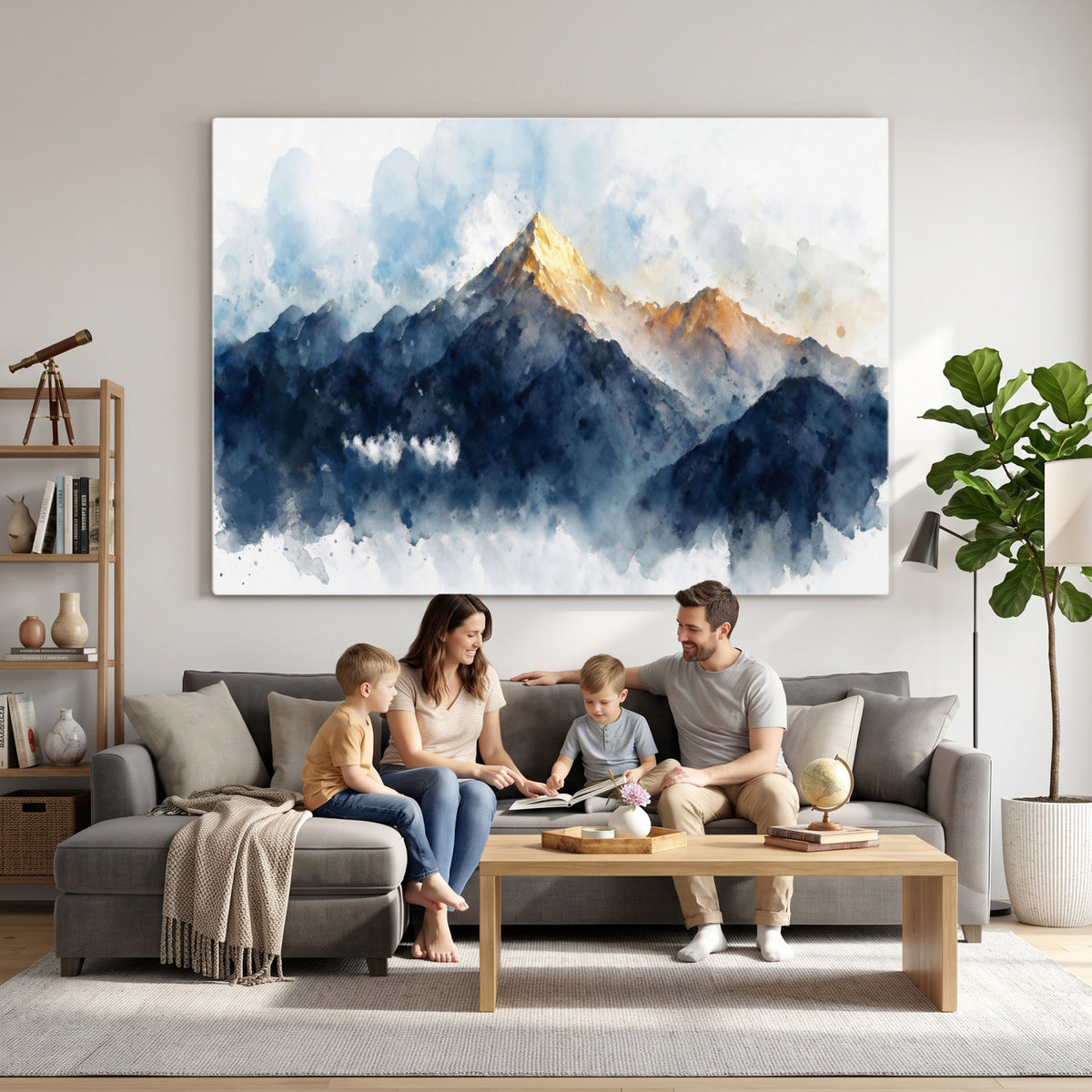 62076449DG1-MGV-CV-36X24 - Abstract Watercolor Mountain Lake Wall Art Print for Living Room Decor