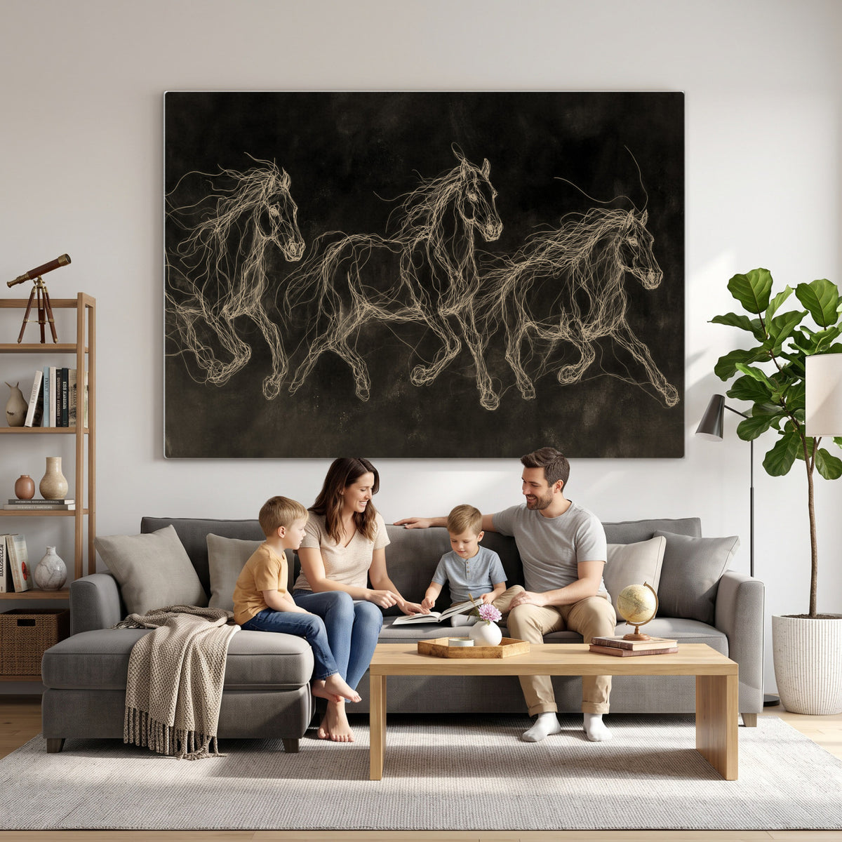 15344242-MGV-CV-36X24 - Dark Horse Line Art Canvas, Gold Scribble Wild Horses Print, Black Chalkboard Wall Art, Modern Luxury Equine Decor, Masculine Office Gift