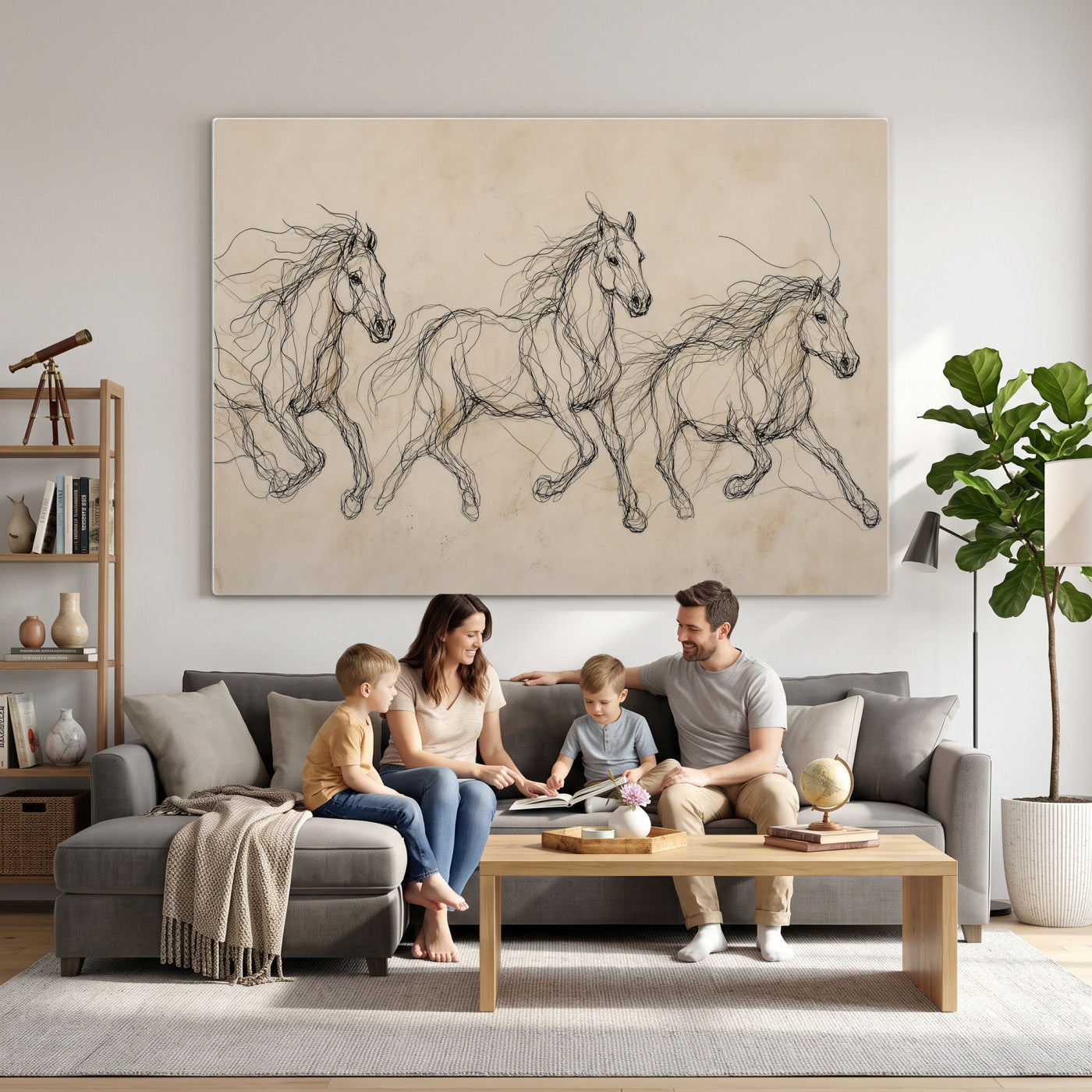 81051673-MGV-CV-36X24 - Abstract Horse Line Art Canvas, Gesture Sketch Wild Horses Print, Modern Scribble Artwork, Minimalist Equine Wall Decor, Rustic Studio Gift