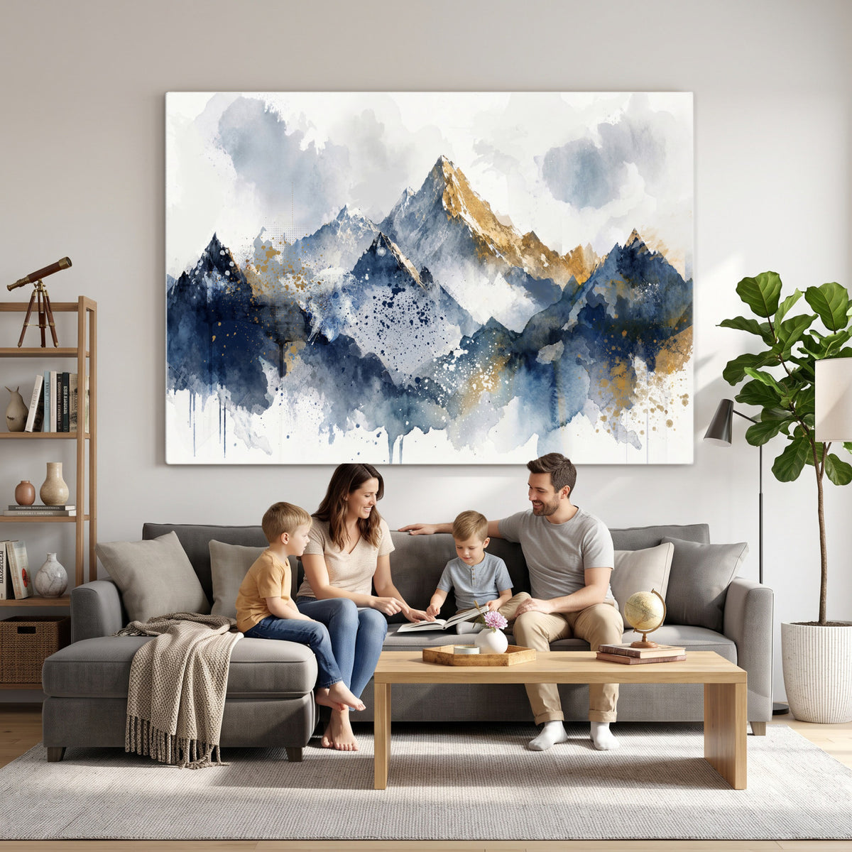 87460616-MGV-CV-36X24 - Abstract Mountain Canvas Wall Art, Blue Gold Foil Landscape Print, Modern Indigo Watercolor Poster, Large Abstract Nature, Luxury Office Gift