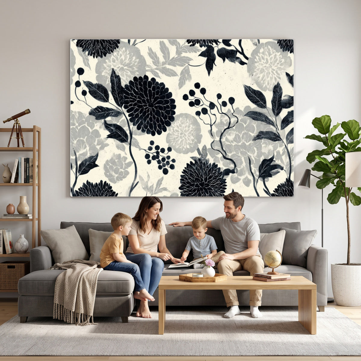 61524791-MGV-CV-36X24 - Vintage Black Chrysanthemum Wall Art Canvas Print, Monochrome Dhalia Floral Painting Print