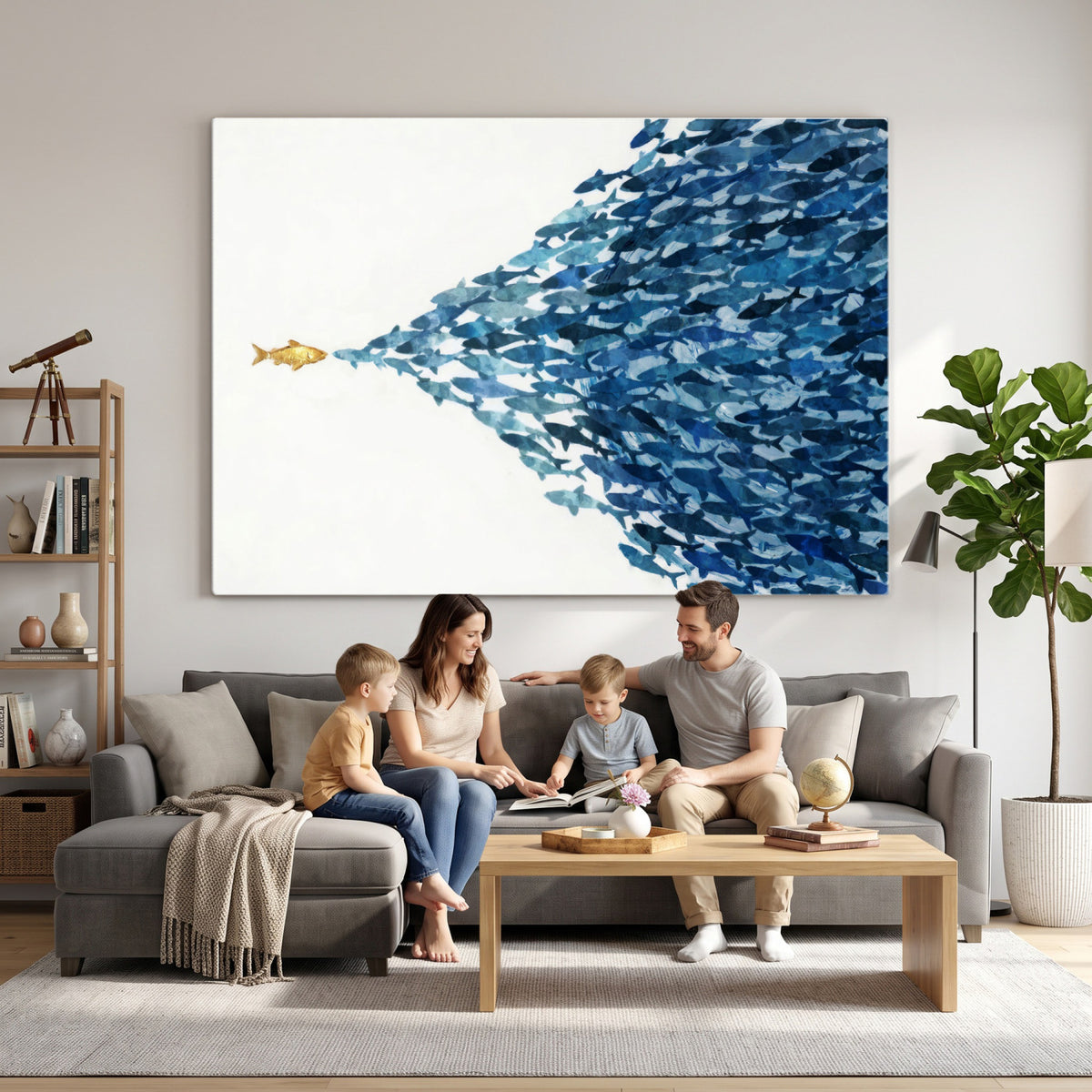 79089639-MGV-CV-36X24 - Abstract Blue Fish School Canvas Wall Art, Gold Foil Accent Marine Print