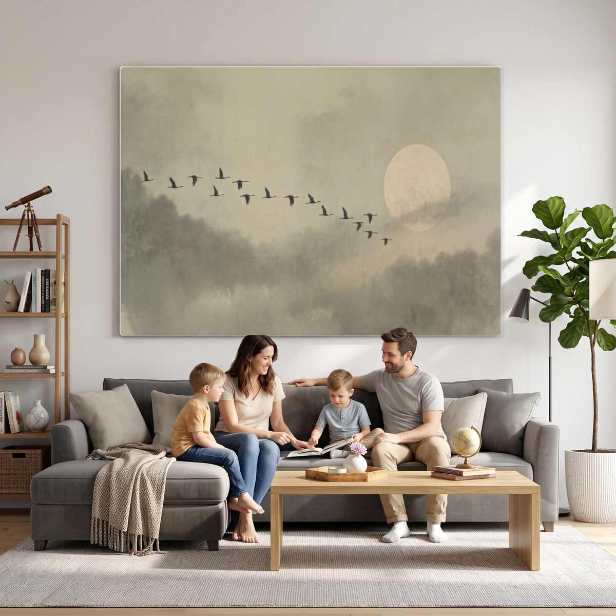 1209814B-MGV-CV-36X24 - Flying Cranes Canvas Wall Art, Misty Landscape with Moon, Sage Green Japandi Decor, Framed Print