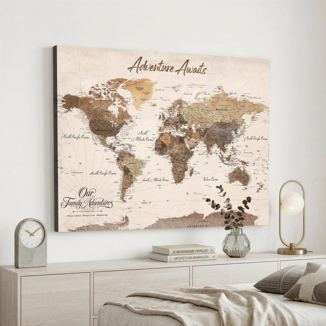 Our Family Adventures Push Pin World Map Canvas Print with Pins