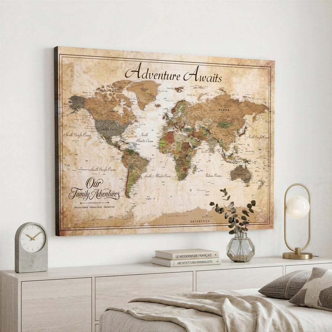 Custom Family Travel Map Wall Art, Push Pin World Map Canvas for Home
