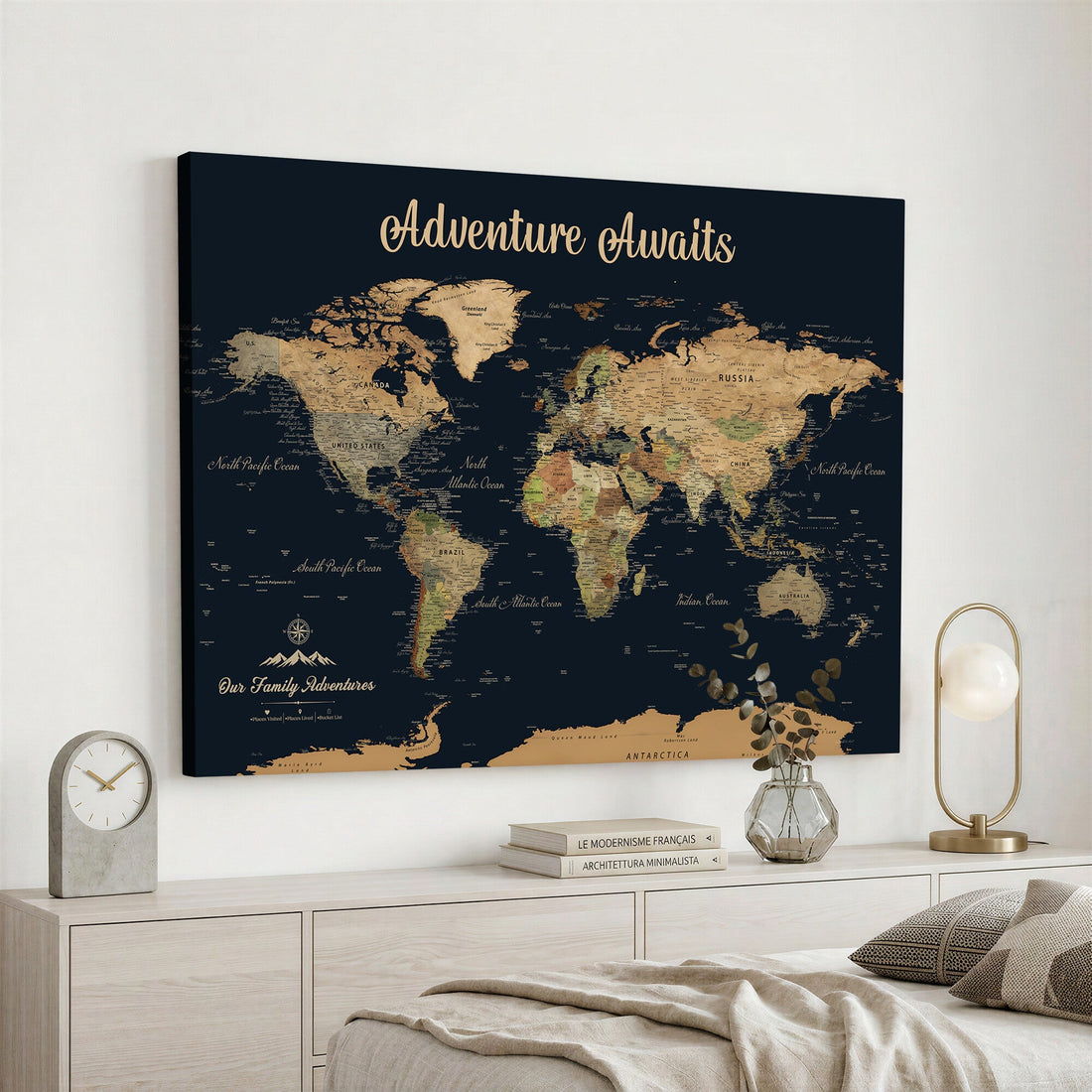 Our Adventures World Map Canvas, Custom Family Travel Wall Art with Pins