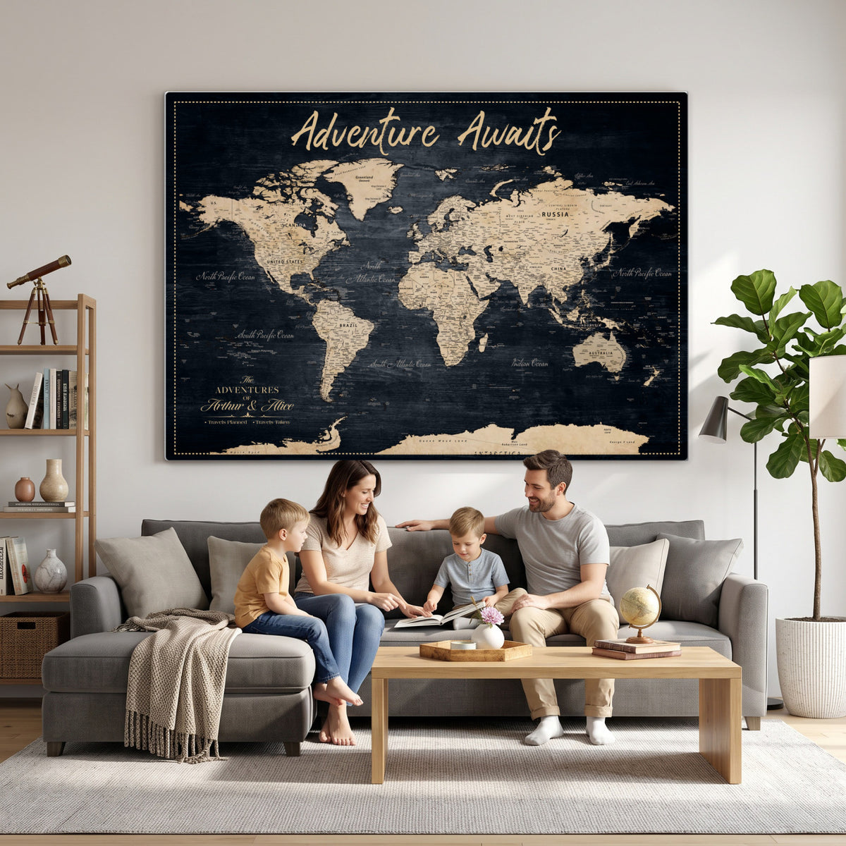 688173822-MGV-CV-36X24 - Extra Large Vintage Personalized Push Pin World Map Wall Art Canvas Print