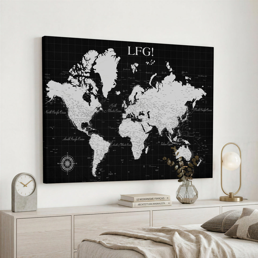 Extra Large Custom World Map Wall Art with Push Pins, Framed Travel Canvas
