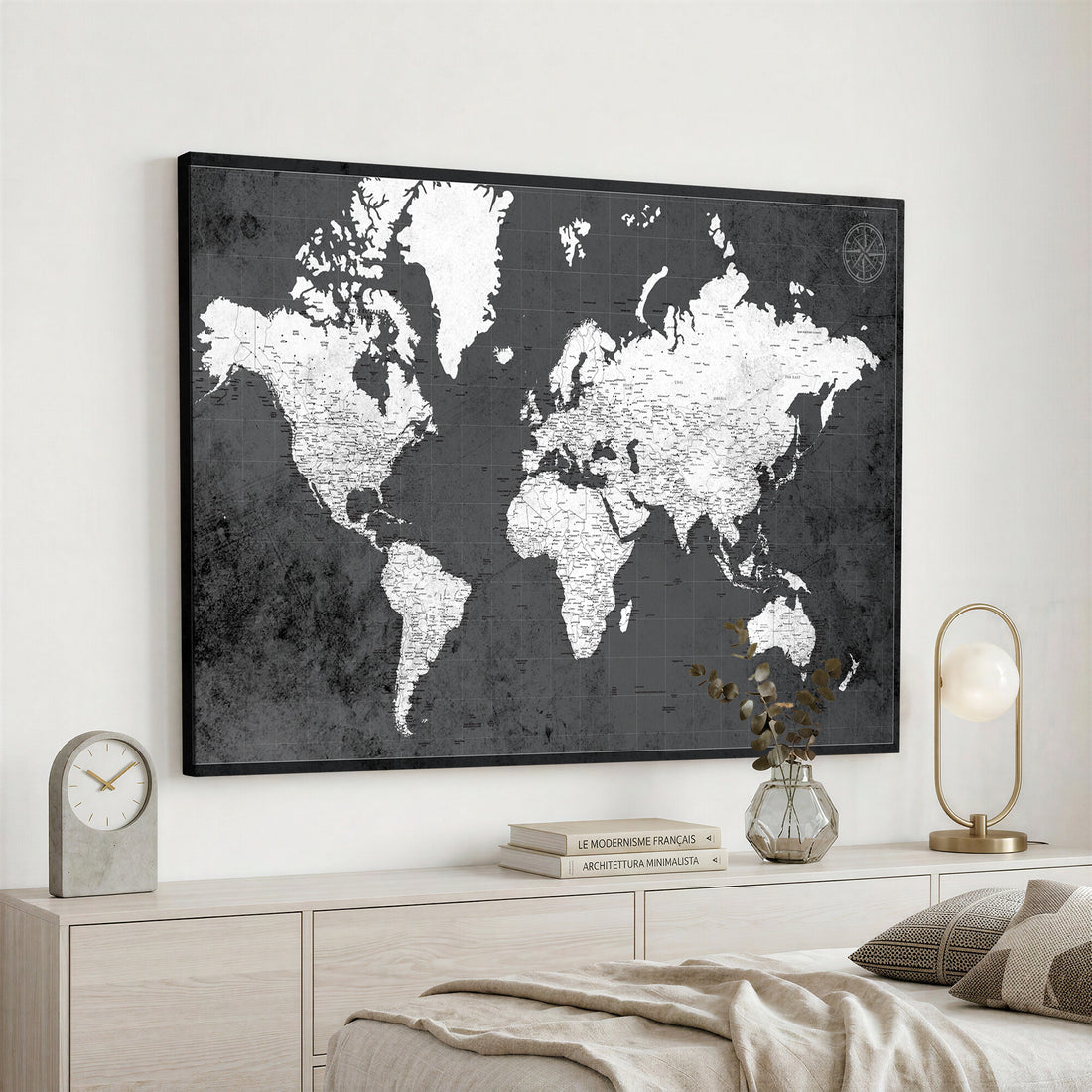 Oversize Personalized World Map with Pins, Framed Canvas Travel Wall Art