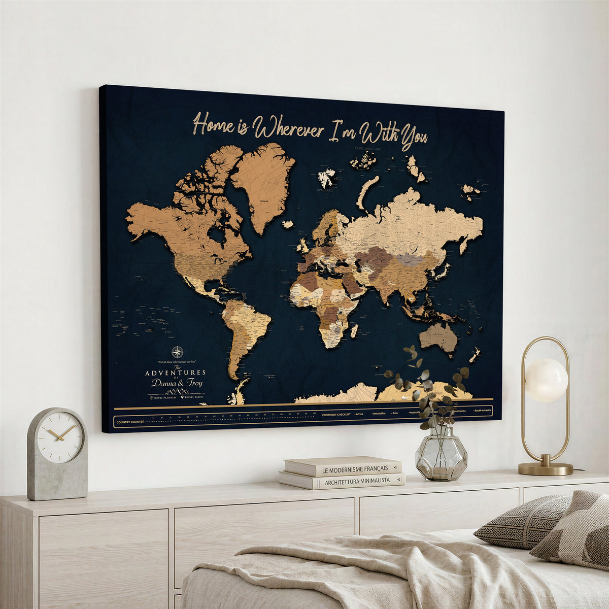 13903533-MGV-CV-36X24 - Extra Large Framed Personalize Push Pin World Map Wall Art Canvas Print for Travel Tracking