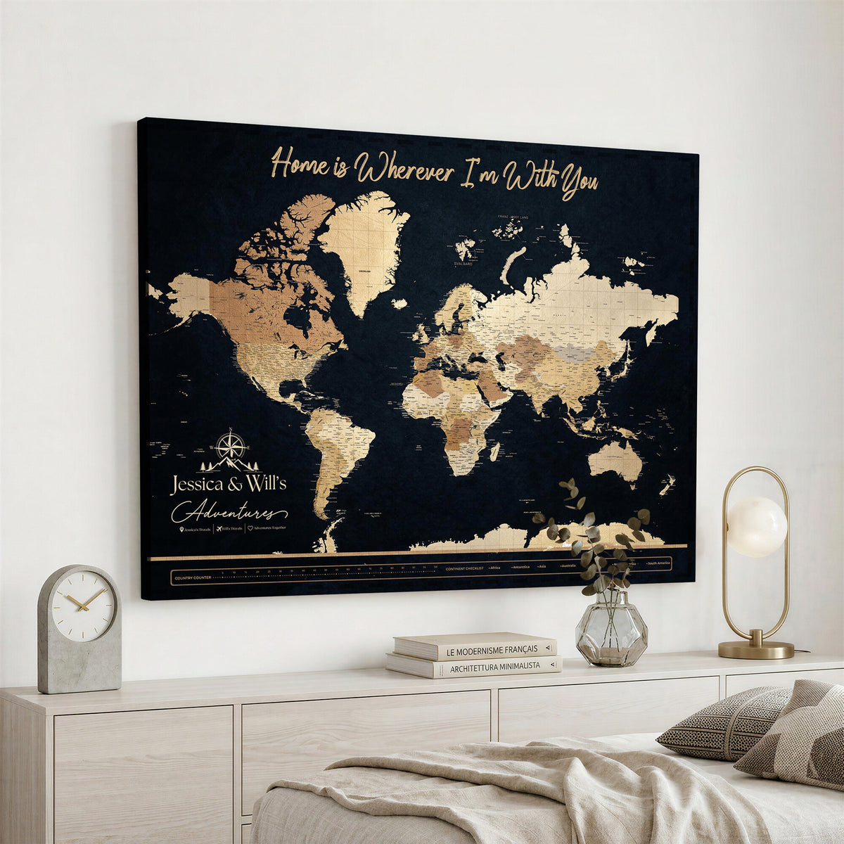 43430657-MGV-CV-36X24 - Extra Large Framed Personalize Push Pin World Map Wall Art Canvas Print for Travel Tracking