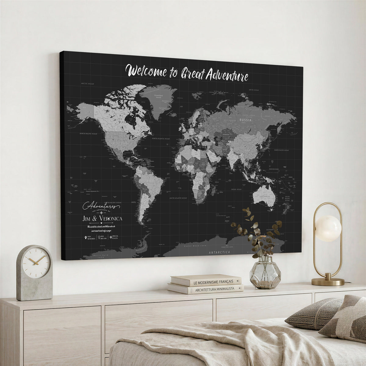 NEWMAP-21-MGV-CV-36X24 - World Map Wall Art Canvas Print, Modern Decorative Framed Map Artwork Prints for Living Room, Office, Bedroom Wall Decor