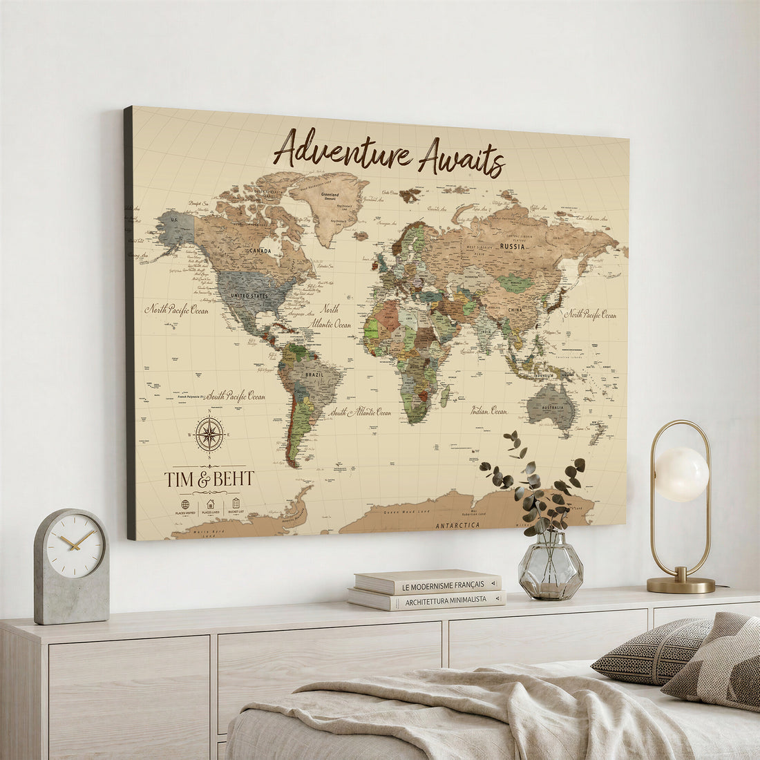 Personalized World Map Wall Art Canvas Print | Modern Decorative Framed Map for Living Room, Office, Bedroom