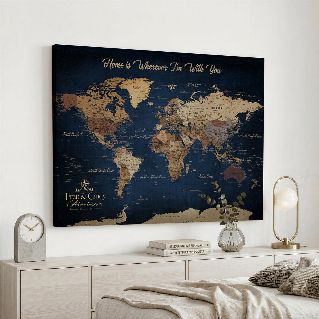 Custom Framed Deep Blue Geometric Push Pin World Map Wall Art, Next Trip Planner Map, Family Room and Hallway Decor