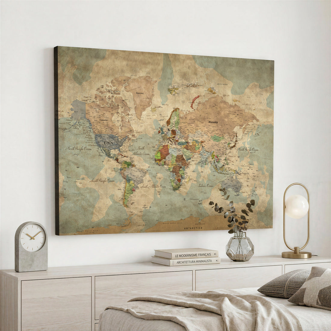 Custom Push Pin World Map Wall Art Canvas Print – Personalized Travel Tracker with Pins Framed Large for Home and Office Decor
