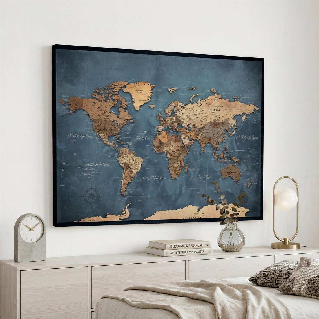 Custom Push Pin World Map Wall Art Canvas Print – Personalized Travel Tracker with Pins Framed Large for Home and Office Decor