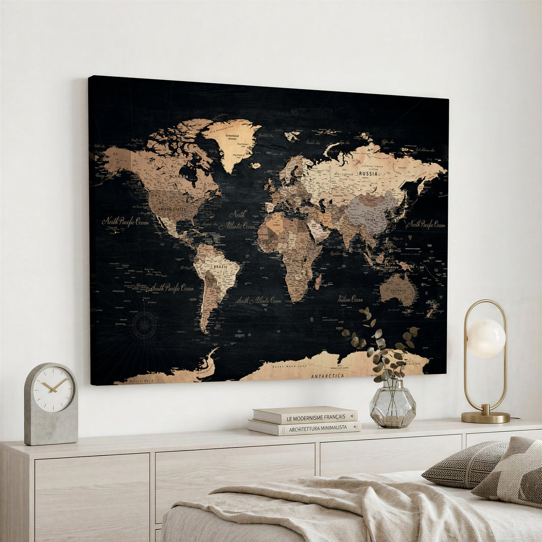 Custom Push Pin World Map Wall Art Canvas Print – Personalized Travel Tracker with Pins Framed Large for Home and Office Decor