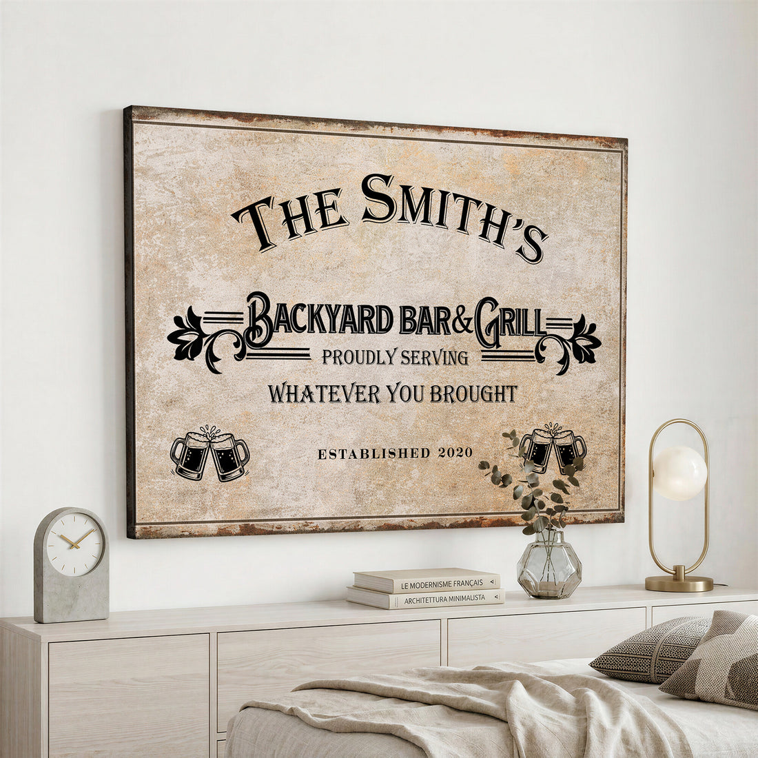 Custom Backyard Bar & Grill Sign, Personalized Family Name Arch Canvas