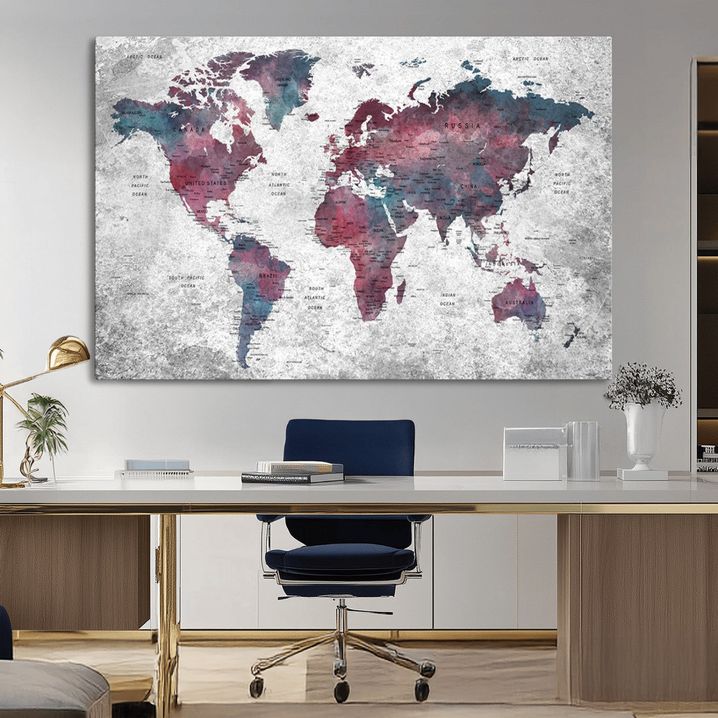 38212-MGV-CV-36X24-Modern Red and Gray World Map Canvas Print – Framed Push Pin Wall Art for Couples, Contemporary Travel Map Artwork for Home and Office Decor