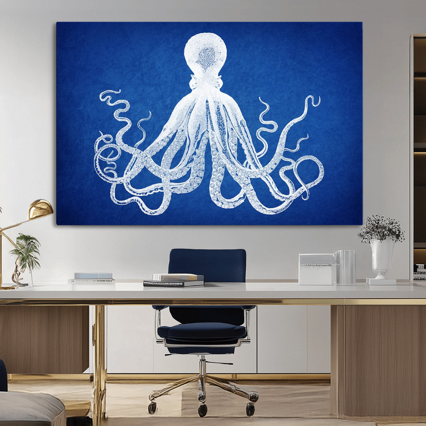 67315-MGV-CV-36X24-Large 3-Panel Blue Octopus Canvas Wall Art | Coastal Marine Life Artwork for Living Room, Bedroom,