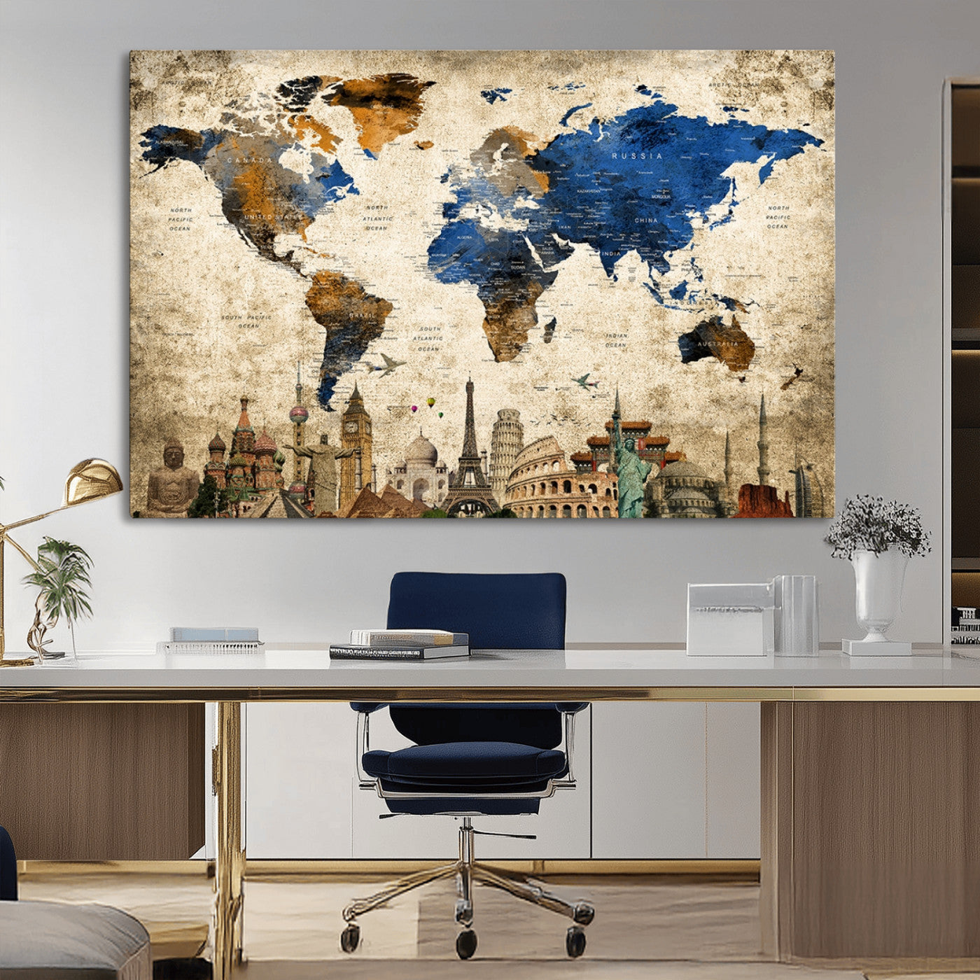20261-MGV-CV-36X24-World Map Canvas Print – Vintage Blue and Gold World Map Wall Art, Framed Travel Inspired Decor for Living Room or Office