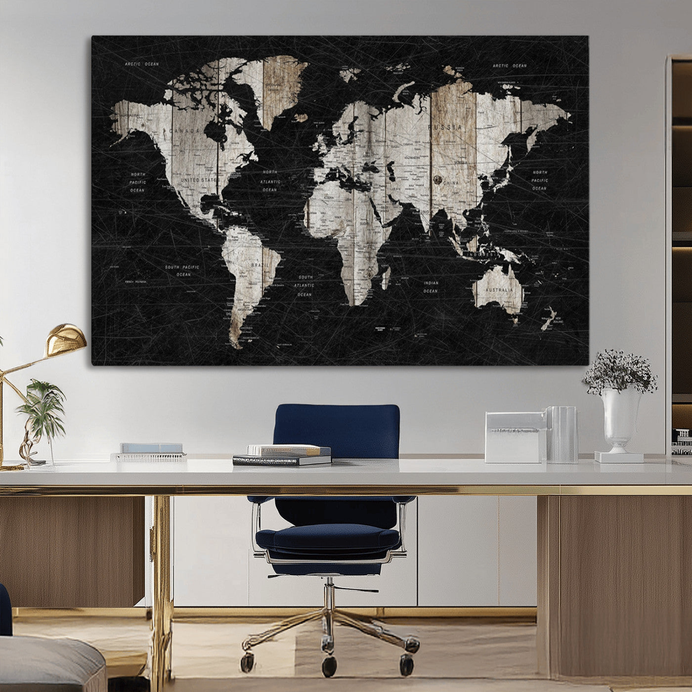89998-MGV-CV-36X24-Rustic Black and Wood World Map Canvas Wall Art – Framed Push Pin Travel Map for Home and Office Decor, Modern Vintage Wall Artwork