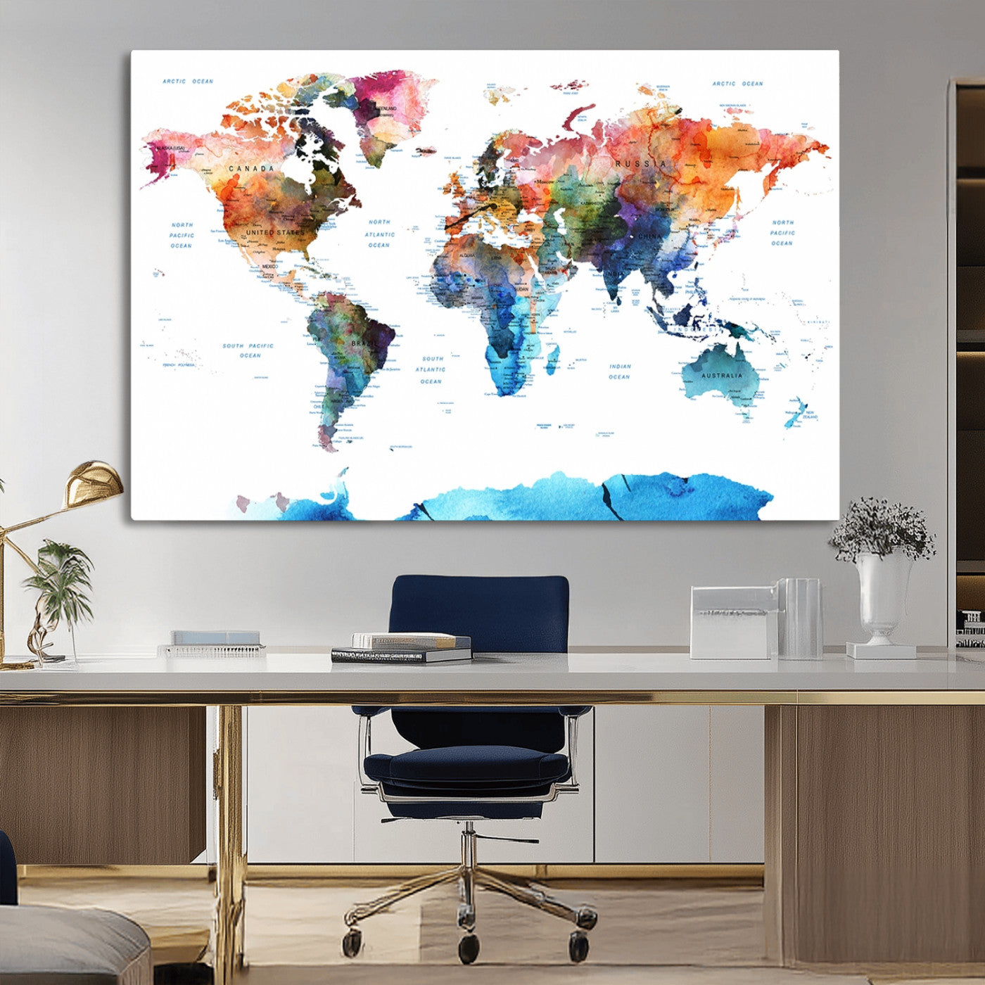 11576-MGV-CV-36X24-Vibrant Watercolor World Map Canvas Wall Art – Framed Push Pin Travel Map for Home and Office Decor, Modern Colorful Wall Artwork