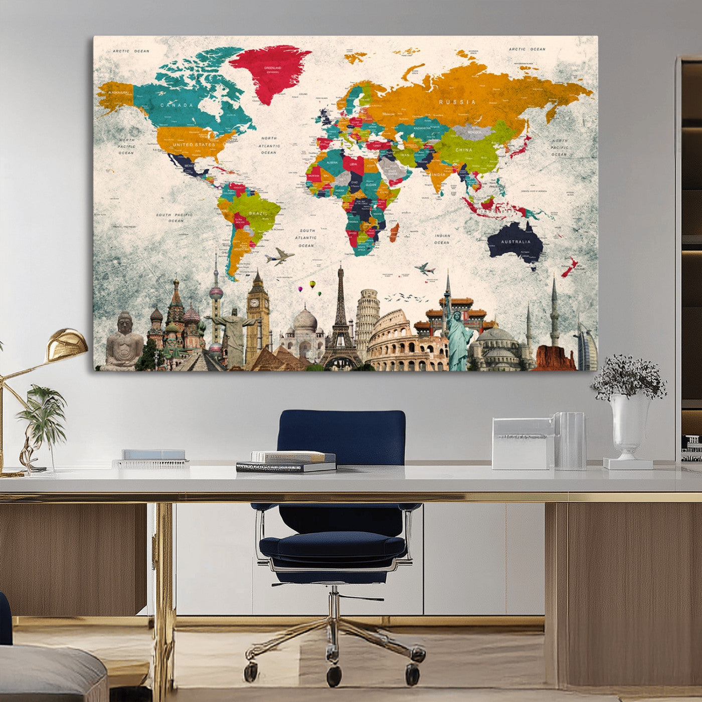 98056-MGV-CV-36X24-Colorful World Map Canvas Wall Art with Landmarks – Framed Travel Map Print for Home and Office Decor, Perfect Gift for Travel Lovers
