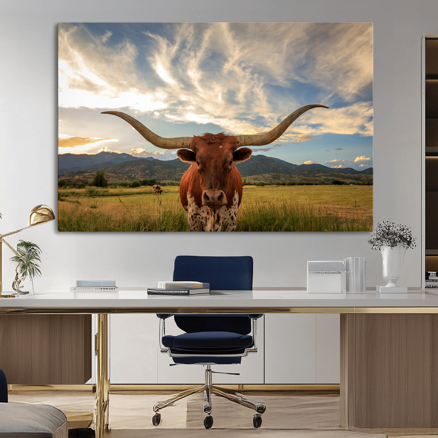 55416-MGV-CV-36X24-Texas Longhorn Canvas Wall Art – Majestic Triptych Animal Print – Rustic Western Decor for Living