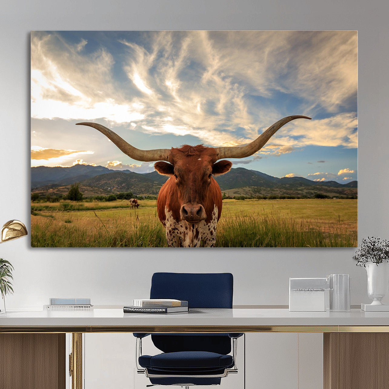 55416-MGV-CV-36X24 - Texas Longhorn Canvas Wall Art – Majestic Triptych Animal Print – Rustic Western Decor for Living Room
